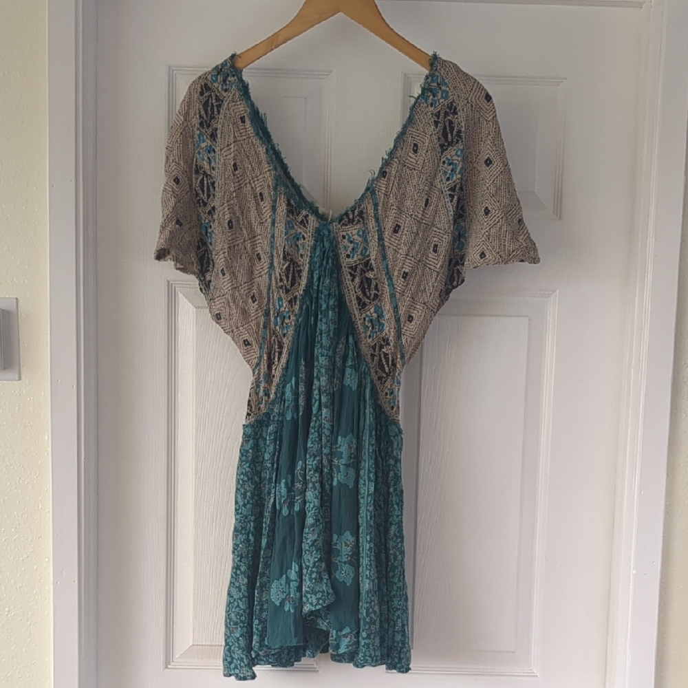 Free People Teal and Beige Patterned Dress